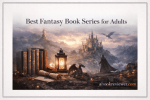 Stack of the best fantasy book series for adults on wooden table